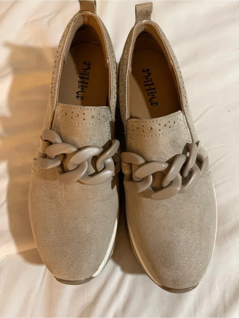 Mad Love Beige Chain-Trim Slip-On Platform Sneakers